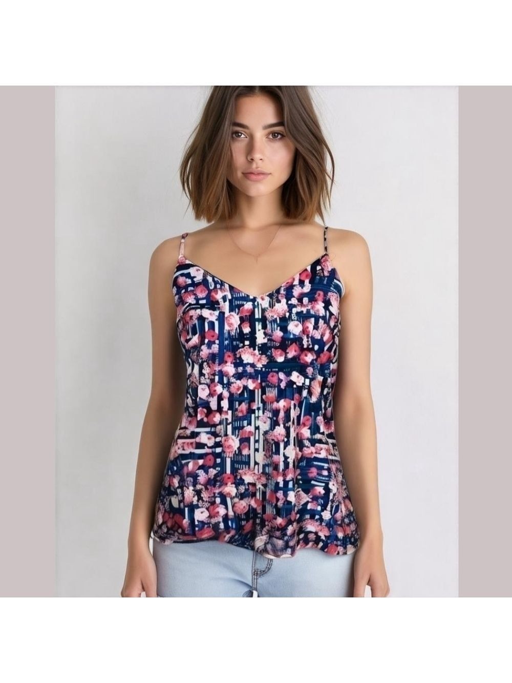 Floral patterened tank top, blue and pink, size L - Picture 1 of 7